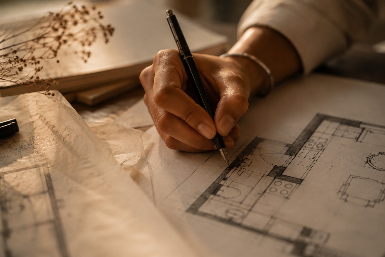 Architect reviewing a home floor plan during property search and buying guidance